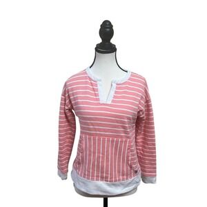 T by Talbots Striped Pullover Sweatshirt Women's Petite P Coral White Pocket